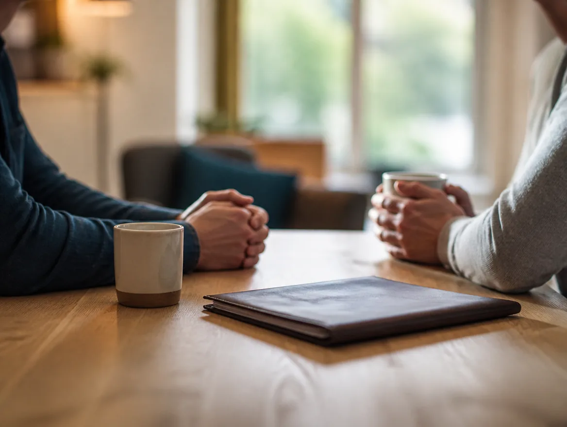 Rustig gesprek aan tafel, van opzij gezien